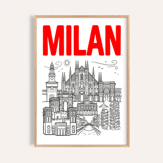 Framed Milan City Wall Art with black line-art cityscape and bold red text on white background