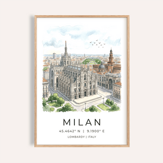 Framed Milan Italy Travel Wall Art with watercolor cityscape in pale colours on white background