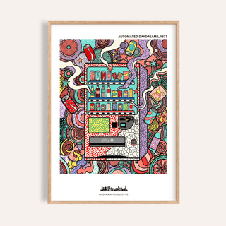 Framed close-up of vending machine art print in abstract style with red and teal highlights