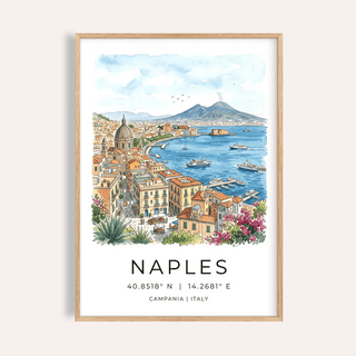 Framed Naples City Art Print showing watercolour cityscape with blue sea and distant mountains