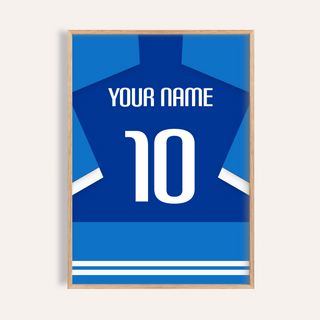 Framed close-up of the football shirt poster in two-tone blue with white sleeve stripes, showing the number 10 and name text