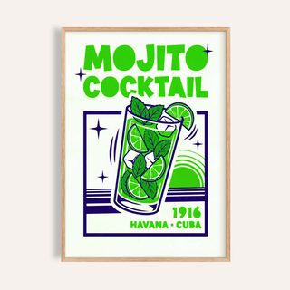 Framed Mojito Cocktail Print with bright green and navy blue pop-art style text and illustration