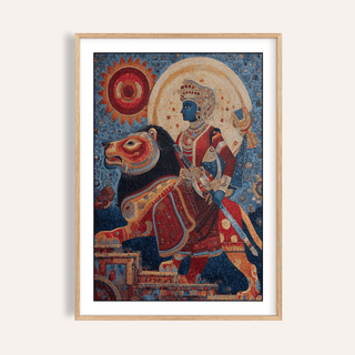 Framed close-up of Indian Warrior wall art featuring woman riding lion in red and blue tones