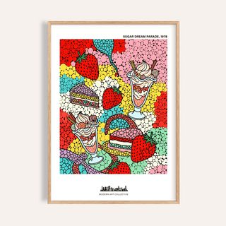 Framed pop art dessert print with ice cream sundaes and strawberries in bright colours