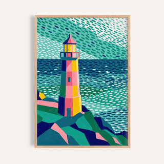 Colourful Lighthouse Print framed close-up of an abstract colourful lighthouse with a teal sea background