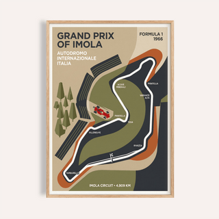 Framed print close-up of Imola Circuit Map Poster with minimalist earthy colours and a red race car