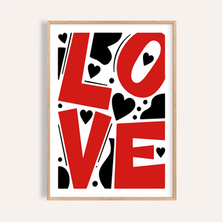 Framed close-up of Typography Love Poster with bold red and black letters and hearts