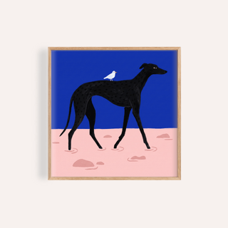 Framed print of a black greyhound with a white bird on its back and blue and pink background