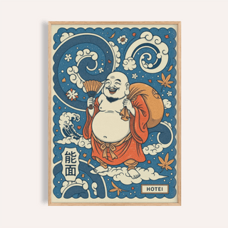Framed Hotei wall art showing a joyful figure with fan and sack in blue and orange colours