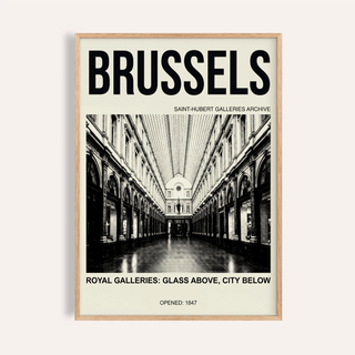 Brussels Gallery Print close-up of typographic and photographic artwork in a wooden frame