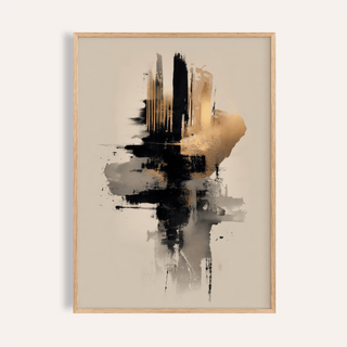 Framed gold and black poster with abstract brush strokes in a minimalist style