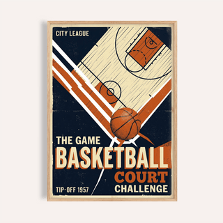 Framed print close-up of retro sports wall art featuring a vintage basketball court diagram in orange and navy