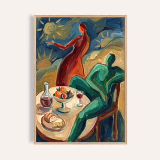 Framed close-up of dining scene wall art with abstract figures in red and green and a table setting