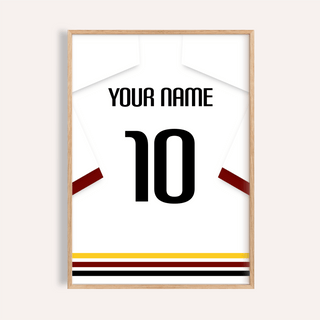Framed Football Shirt Poster in White with Black Red and Gold Hem Stripes showing number 10 and Your Name text