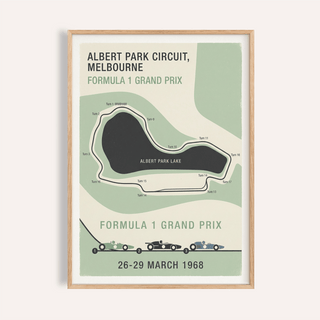 Framed Melbourne Park Circuit Poster showing a minimalist map with green and cream tones