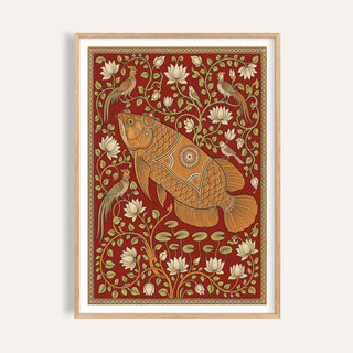 Traditional Indian wall art of a decorative orange fish with cream flowers and green leaves in folk-art style