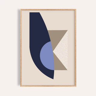 Framed print of modern wall art print with abstract geometric shapes in blue and beige