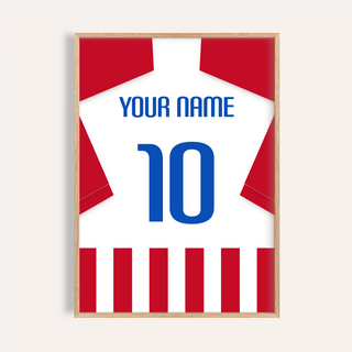 Football Shirt Poster in Red and White Stripes with Blue Number in minimalist style with red and white stripes