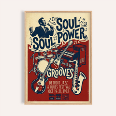 Featuring Soul Music Art Print poster with singer, “Soul Power” text, and instruments