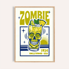Framed print close up of Zombie Cocktail Art Print showing a yellow and blue skull cocktail illustration