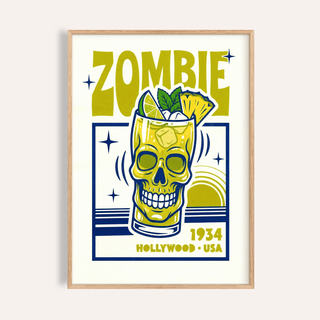 Framed print close up of Zombie Cocktail Art Print showing a yellow and blue skull cocktail illustration
