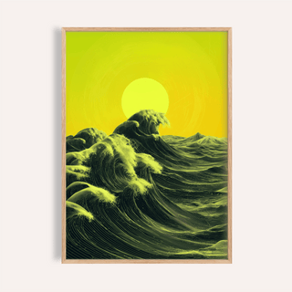 Abstract Ocean Art Print with green and yellow ocean waves and a bright sun