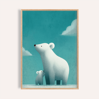 Framed close-up of polar bear print illustration with teal and white colours
