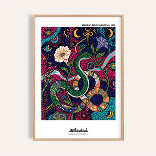 Framed Snake Wall Art with decorative serpent and floral abstract pattern in blue and pink