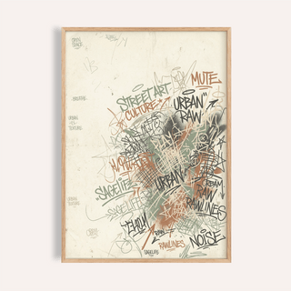 Framed Urban Street Art Print with graffiti text in green black and brown on a cream background