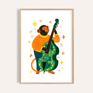 Framed Musical Monkey art print of a monkey playing a decorated double bass with orange and green colours