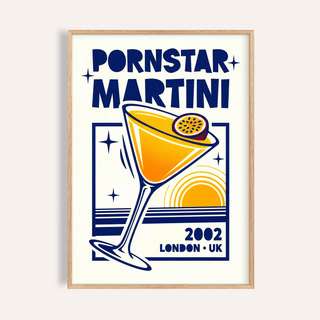 Retro Passion Fruit Martini Poster with orange and blue illustration in a simple wooden frame