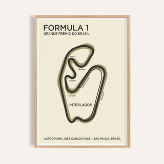 Framed close-up of Brazilian Race Circuit Poster showing the Interlagos track map in black and olive tones