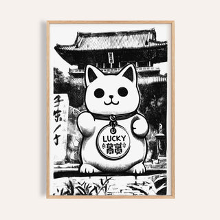 Framed Asian wall decor of a minimalist lucky cat illustration in black and white