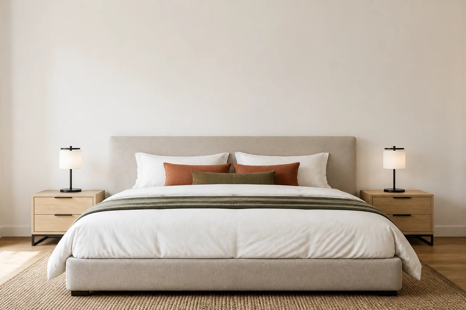 Chambre avec un mur vide au-dessus d’un lit pour choisir la taille d’une œuvre murale