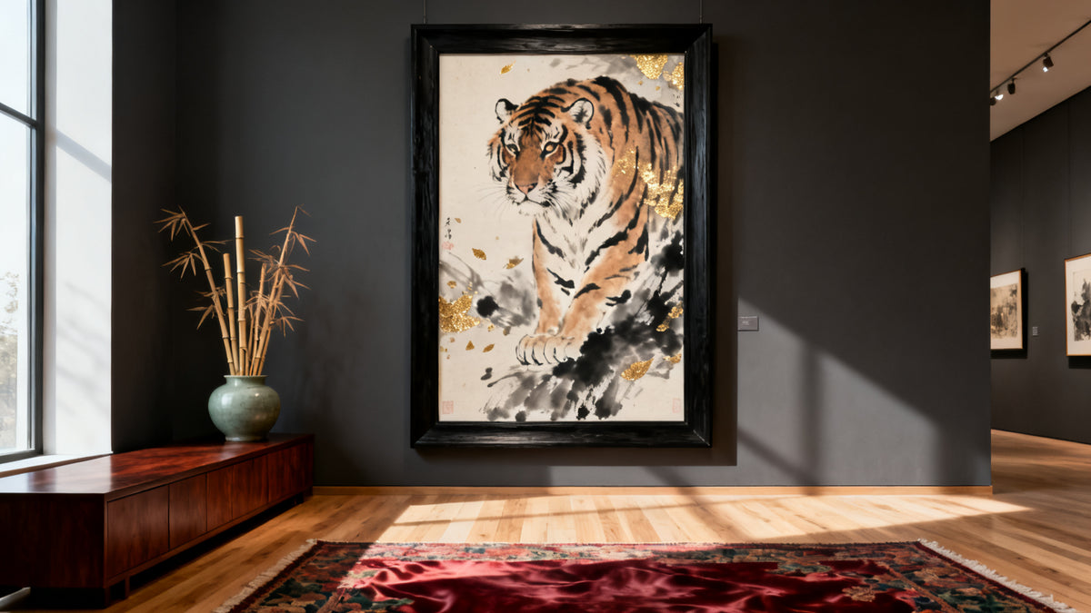 Framed mockup of Chinese tiger art, showcasing vibrant colors and traditional symbolism in a modern setting.