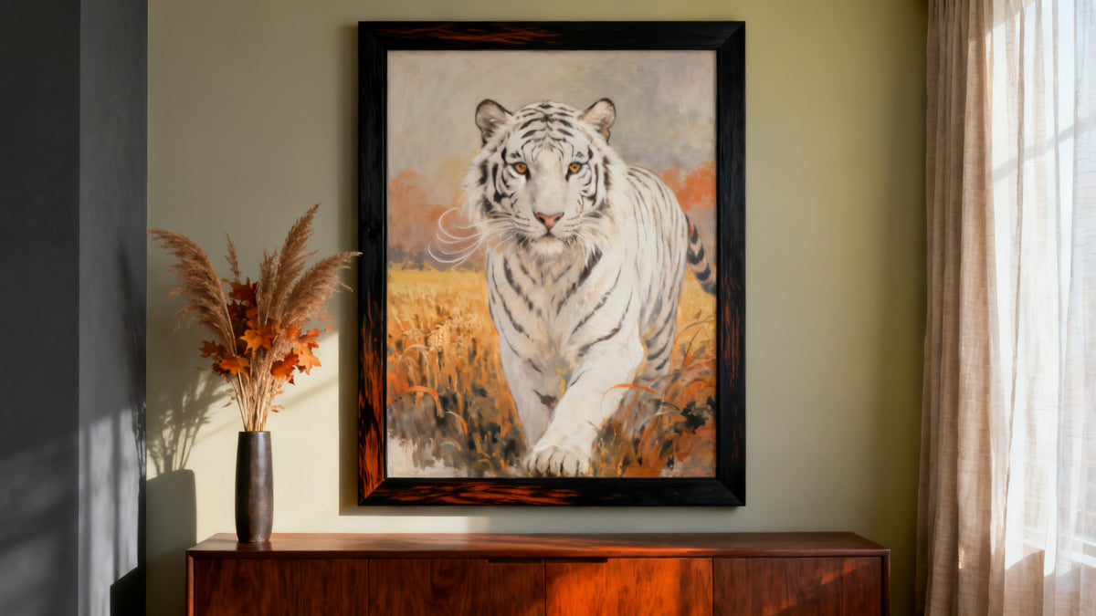 Framed white tiger painting mockup showcasing its symbolism and decor ideas for a stylish interior.