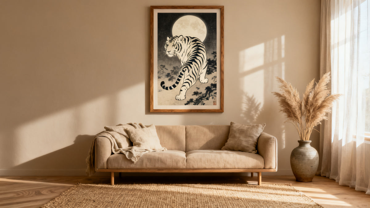 Framed tiger poster mockup showcasing iconic wall art for stylish home decor.