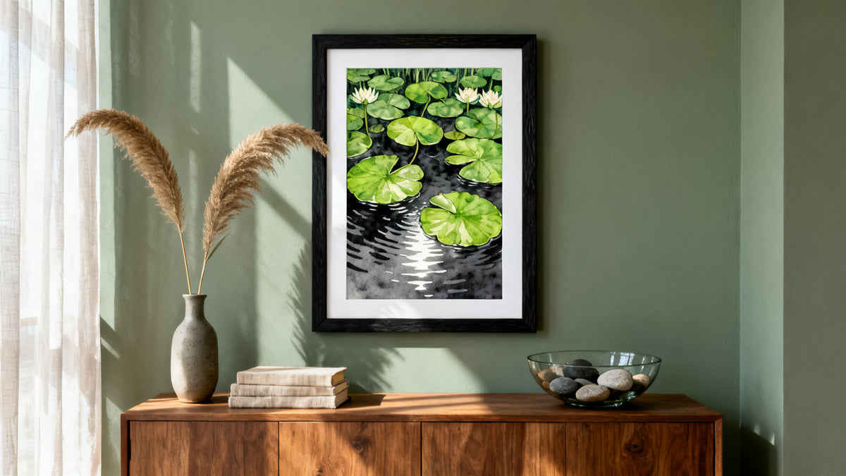 Framed wall art mockup featuring a serene frog lily pad scene, perfect for nature lovers and water garden enthusiasts.