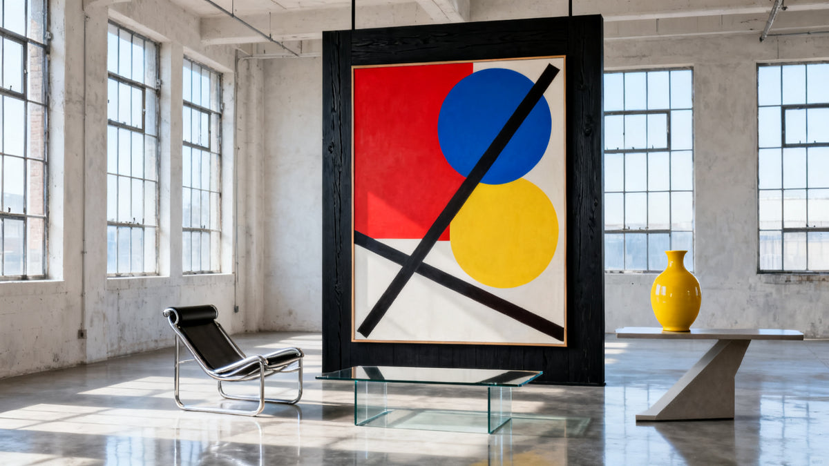 Bauhaus interior mockup featuring framed wall art, showcasing minimalist design and iconic color palettes.