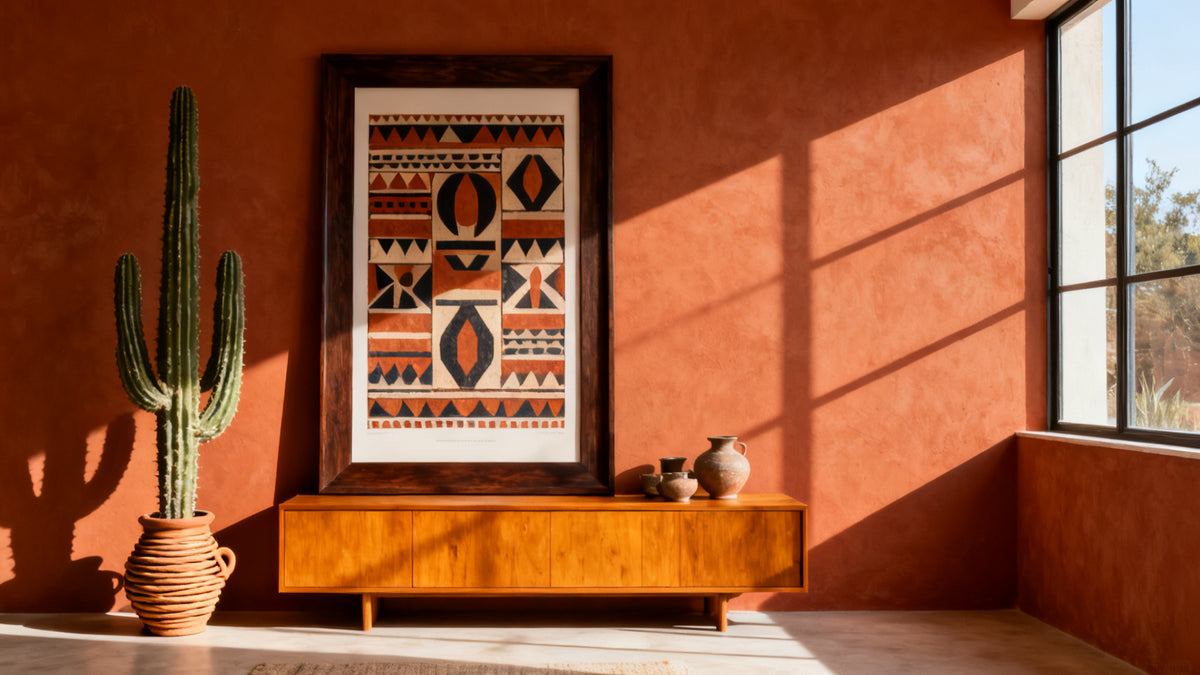 Framed Mexican wall art mockup showcasing vibrant colors and cultural heritage in modern decor.