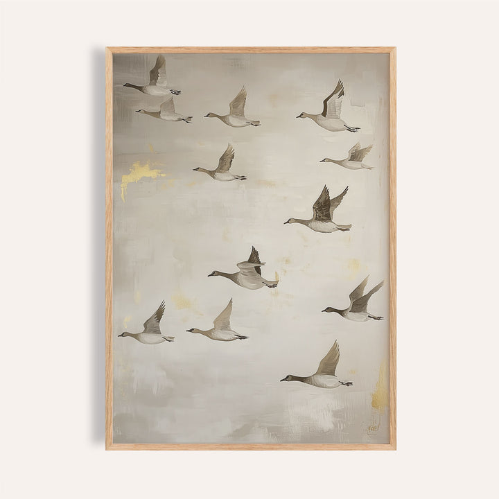Oriental artwork of flying geese in muted grey and beige tones