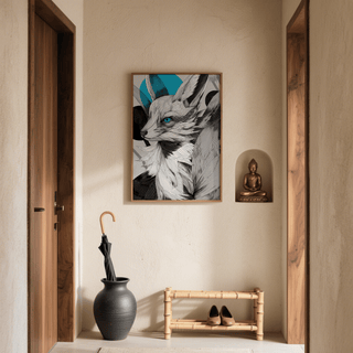 Japanese Fox Print framed print on a wall with blue black and grey illustration and a black urn with umbrella