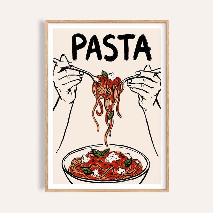 Framed Pasta Art Print of spaghetti with tomato sauce and basil leaves in a minimalist style