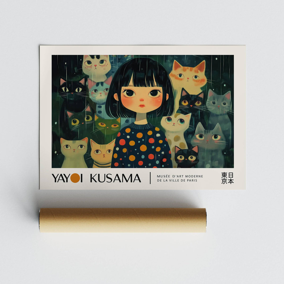 Unique wall art of a girl with cats illustration with a visible packaging tube