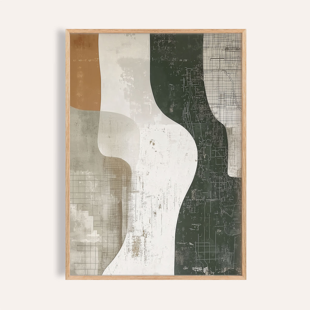 Framed Wabi Sabi Print of abstract earth tone shapes in beige green and brown