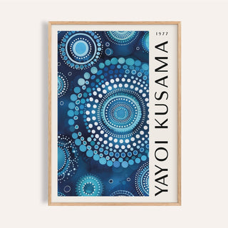 Mandala wall art close-up of blue circular dot pattern with a wooden frame