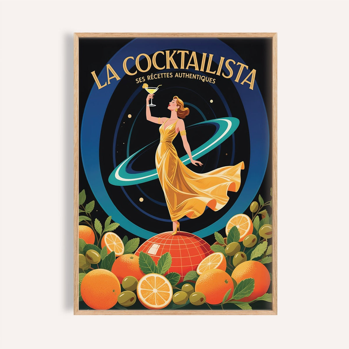 Framed print of Prints for Bar showing woman in golden dress holding a cocktail with oranges and olives