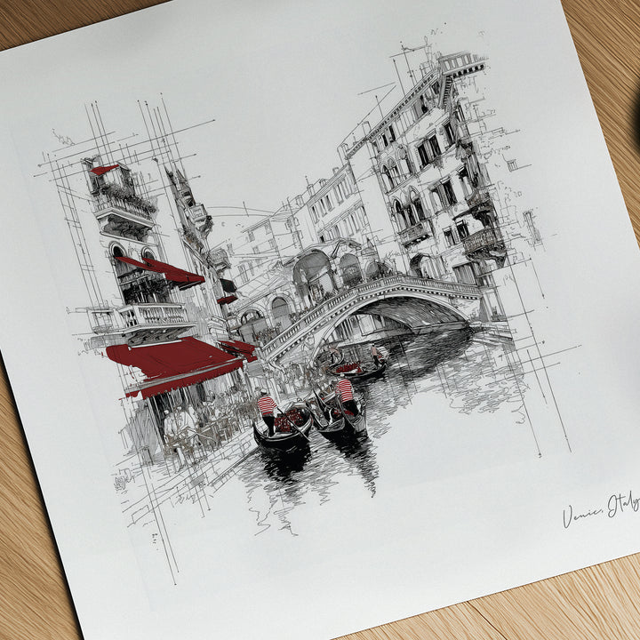 Detail close-up of Wall Art of Venice Italy showing gondolas and red awnings in line art style