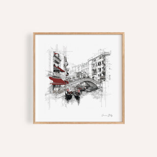 Framed print of Venice Italy with line-art gondolas and red awnings