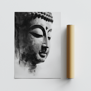 Rolled Buddha art print with face illustration in watercolour shades alongside packaging tube